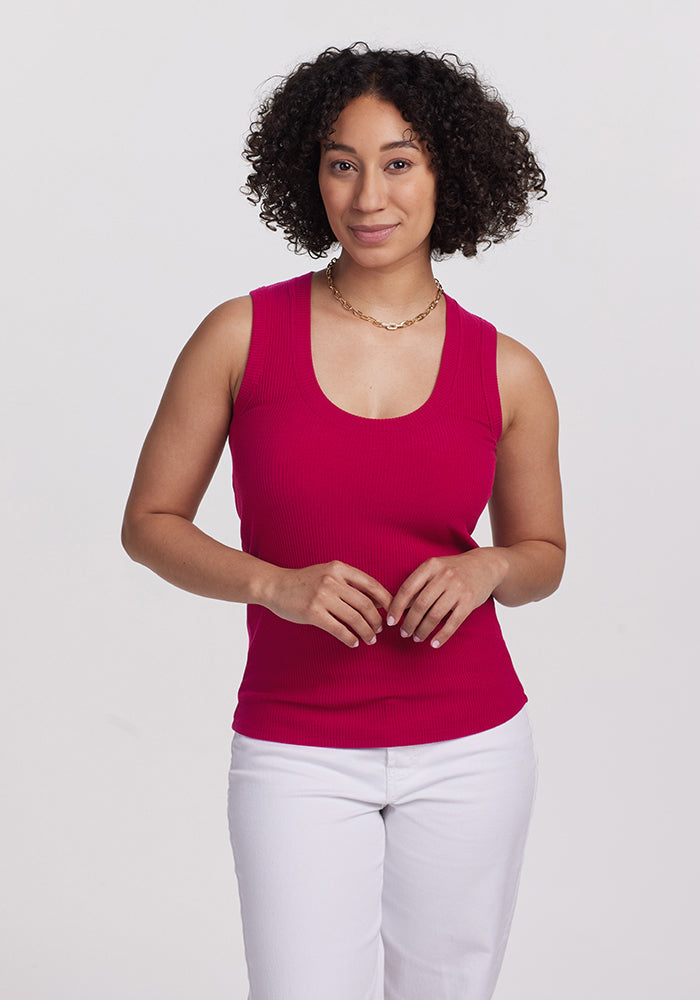 Model wearing Sloane tank top - Viva Magenta