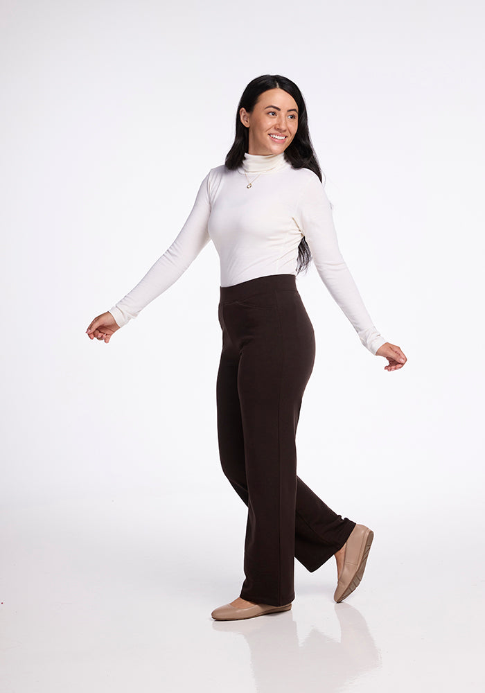 Model wearing Ellie pants - French Roast