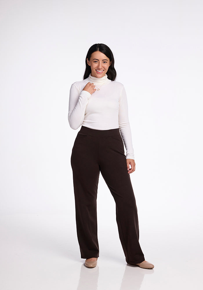 Model wearing Ellie pants - French Roast