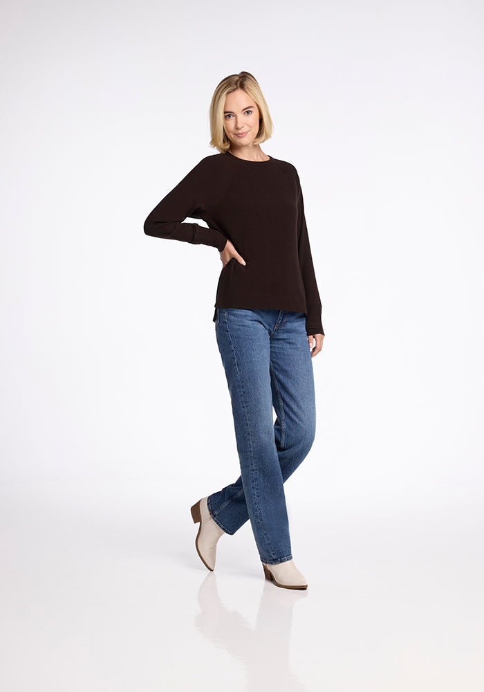 Model wearing Ainsley sweater - French Roast 