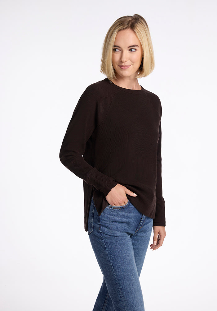 Model wearing Ainsley sweater - French Roast 