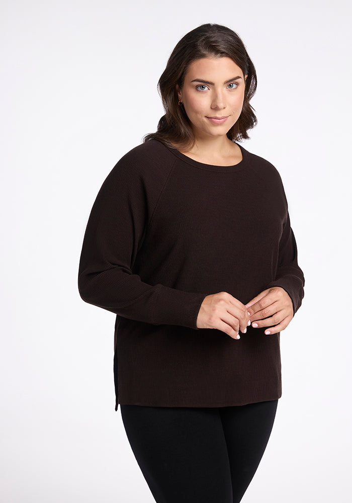 Model wearing Ainsley sweater - French Roast 