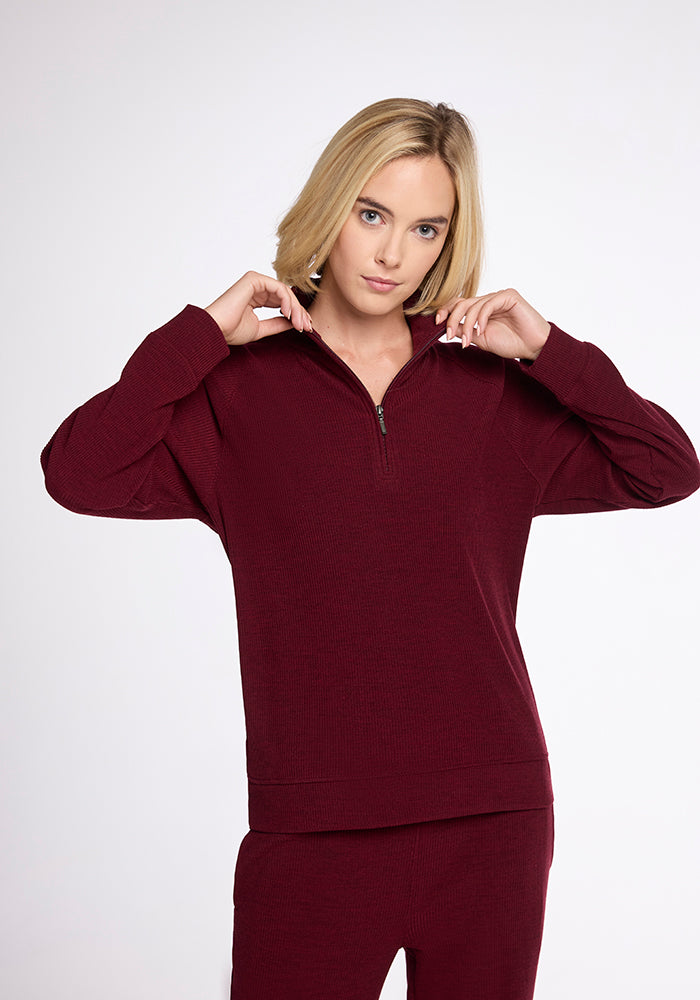 Model wearing Quinn 1/4 Zip - Cranberry Melange