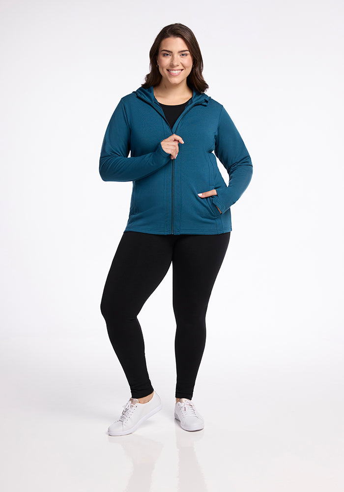 Model wearing Zoey hoodie - Real Teal