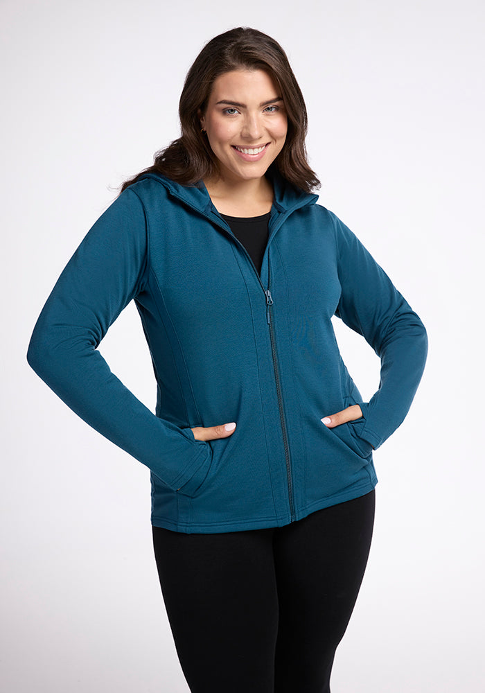 Model wearing Zoey hoodie - Real Teal 