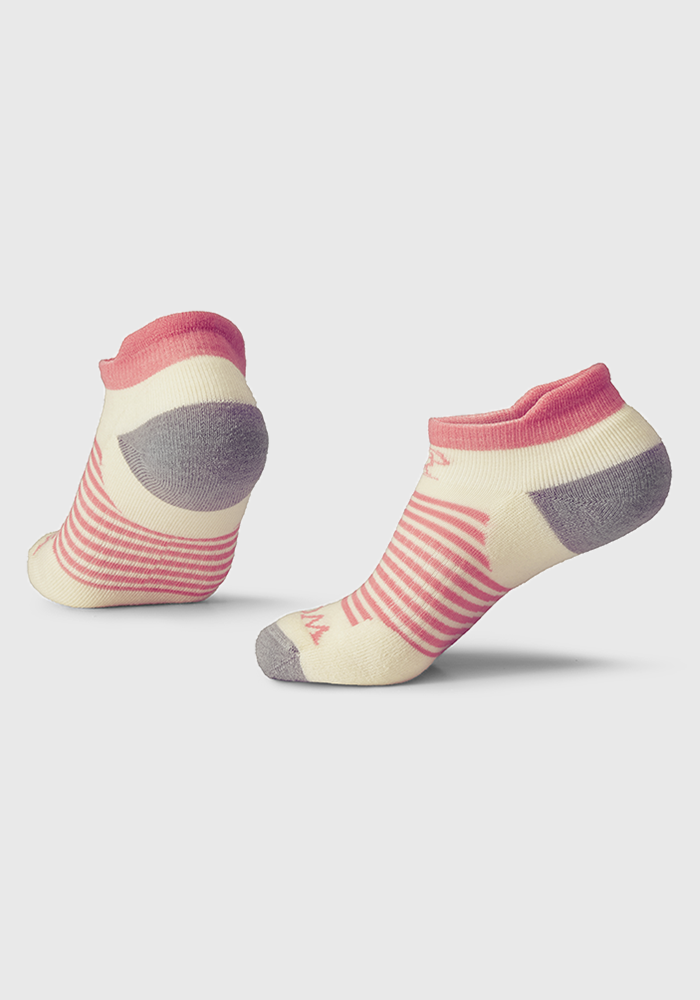 Introducing the Amelia No Show Tab Lightweight Socks by Woolx, featuring a Berries and Cream color palette with pink stripes and gray accents at the toes and heels. Crafted from soft Merino wool with antimicrobial properties, these cozy socks include a pink cuff at the top and are pictured against a plain white background.