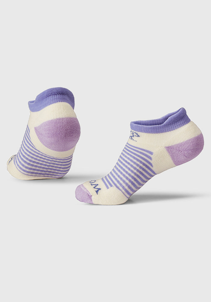 The Amelia No Show Tab Lightweight Socks by Woolx are shown in an ankle-length style with soft periwinkle and cream stripes, crafted from luxurious merino wool. They include contrasting solid purple heels, toes, and cuffs, offering a fabric that seems both soft and cozy. With antimicrobial properties, these socks are ideal for everyday casual wear.