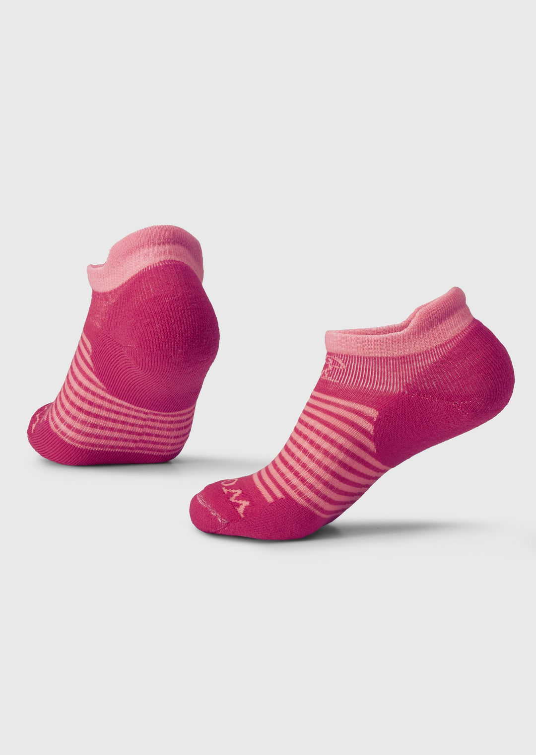 The Amelia No Show Tab Lightweight Socks by Woolx come in a Poppy Flower color, featuring two socks with varying shades of pink stripes. One sock is positioned upright, while the other leans slightly to the side. The no-show design includes ribbed cuffs and a short, low-cut style set against a plain background.