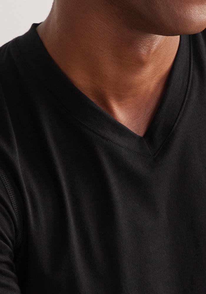 Close-up of a person wearing the Ashton V Neck - Black by Woolx. Only the lower part of the face and neck are visible against a neutral background, highlighting the shirt's clean lines and comfortable fit, thanks to its odor-free Merino fabric.