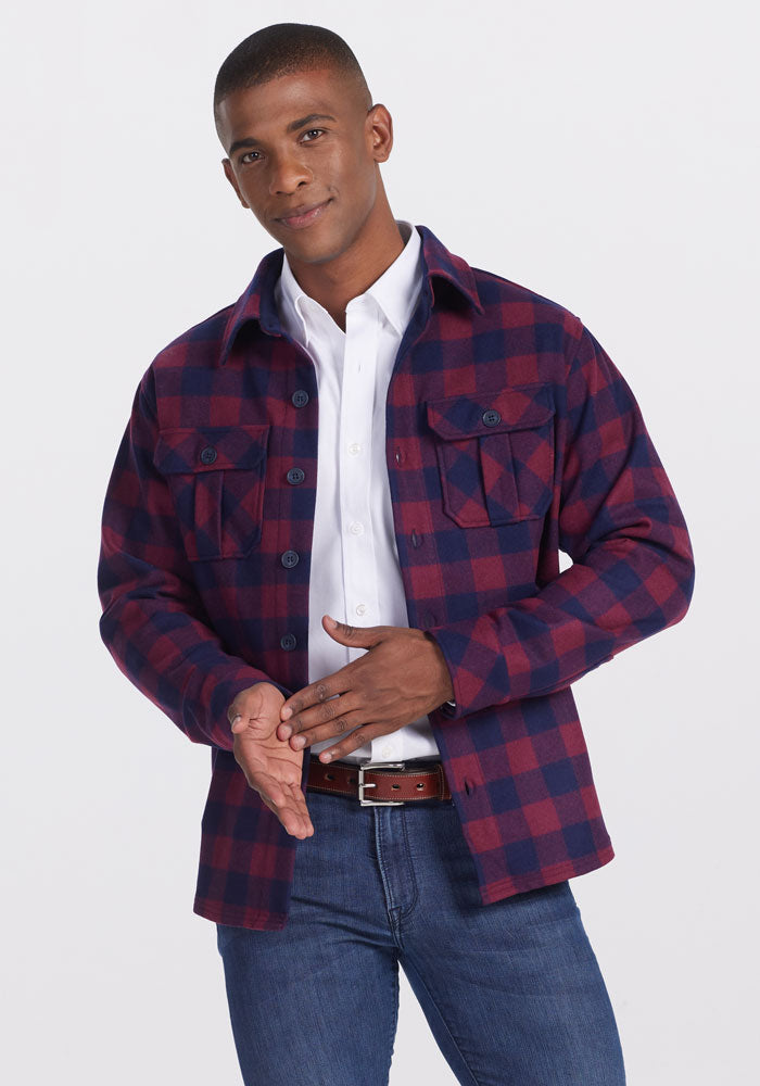 Model wearing Burlington jacket in cranberry navy checkered 