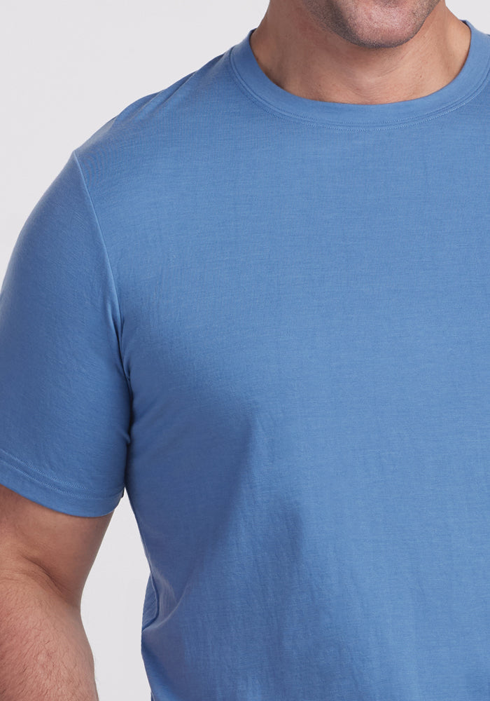 A person wearing a plain Coronet Blue Endurance Tee by Woolx, shown from the shoulders to the waist, against a white background.