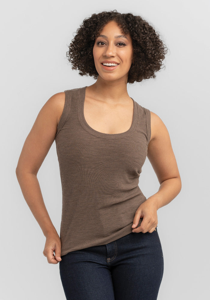 Model wearing Sloane ribbed tank - Simply Taupe | Tori is 5'7", wearing a size S
