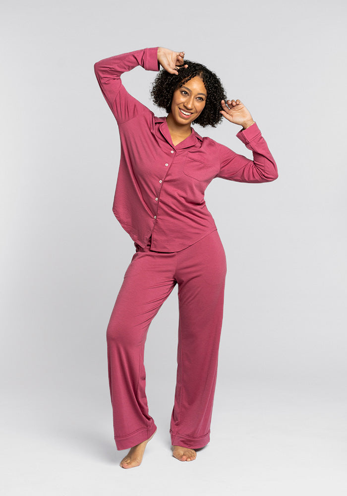 Model wearing Harper pj set - Red Violet 