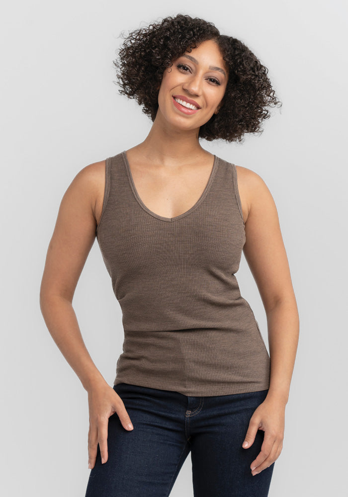 Model wearing Vivi ribbed tank - Simply Taupe | Tori is 5'7", wearing a size S