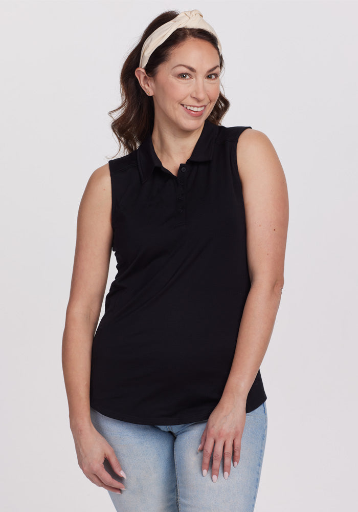 Model wearing Rosie polo - Black