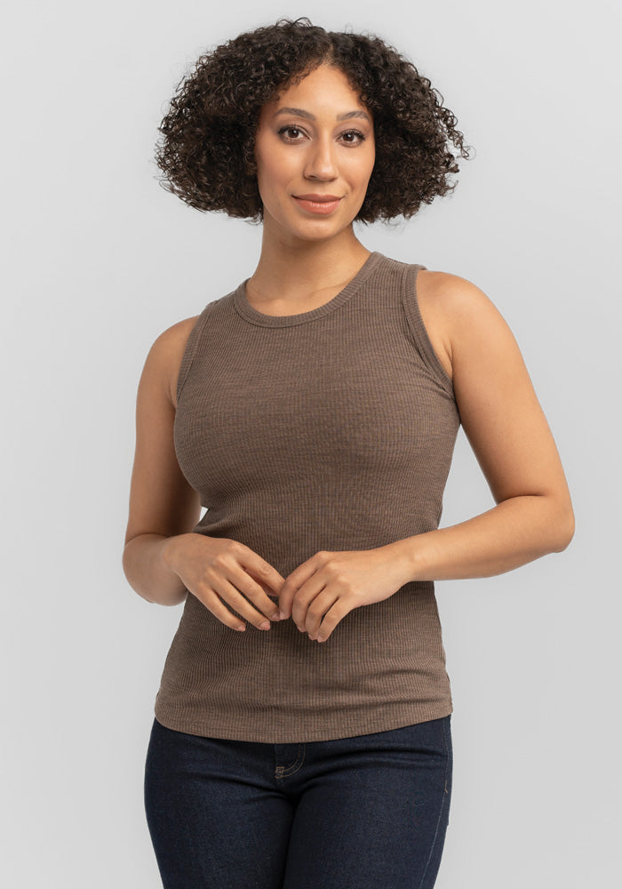 Model wearing Raegan tank - Simply Taupe 