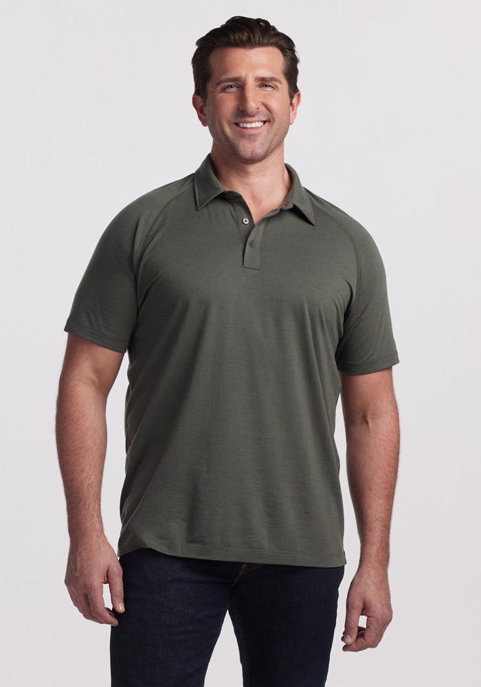 Model wearing Summit Polo - Deep Fern