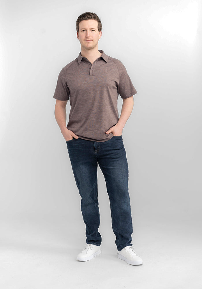 Model wearing Summit polo - Simply Taupe