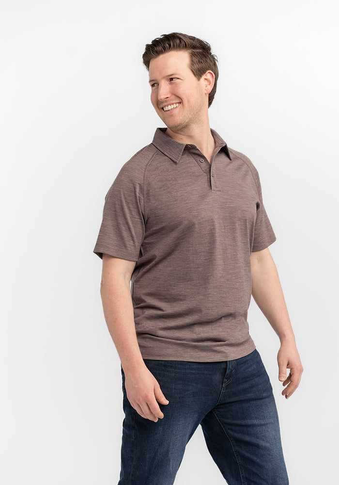 Model wearing Summit polo - Simply Taupe