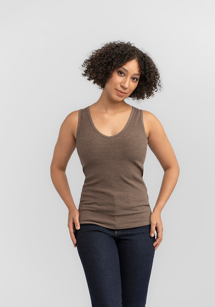 Model wearing Vivi ribbed tank - Simply Taupe