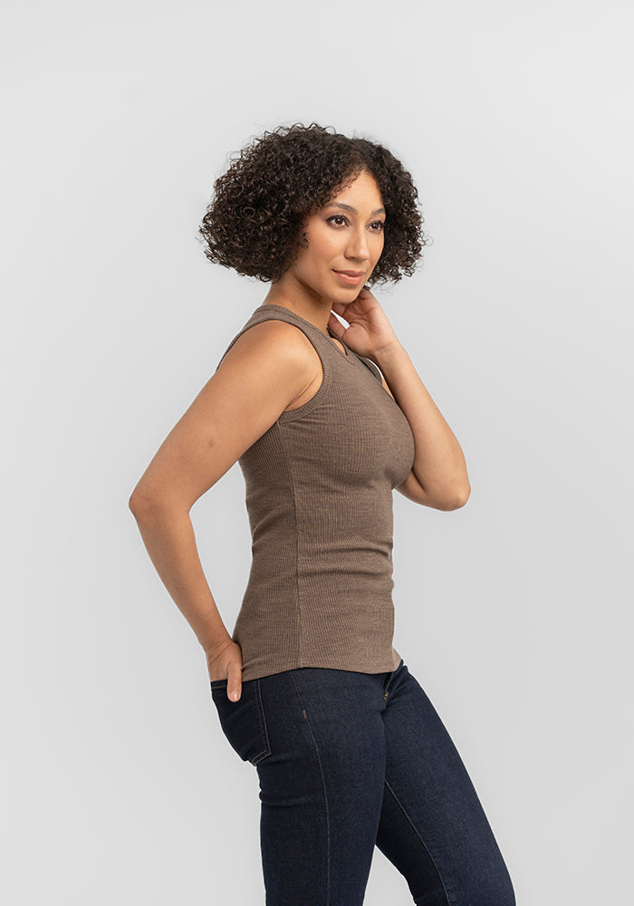 Model wearing Raegan tank - Simply Taupe