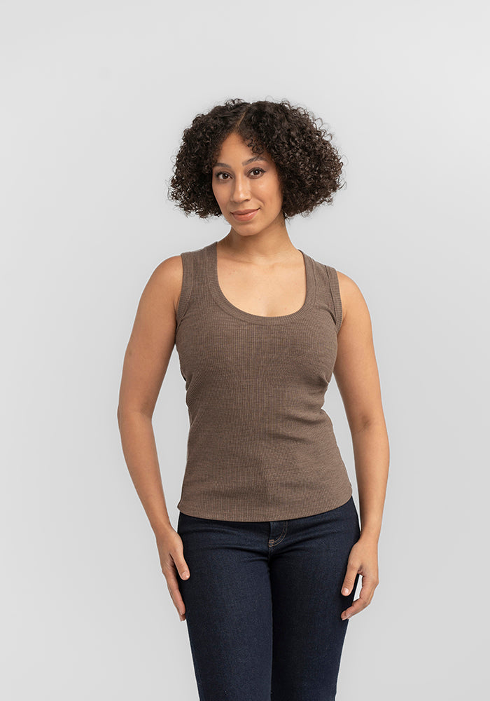 Model wearing Sloane ribbed tank - Simply Taupe