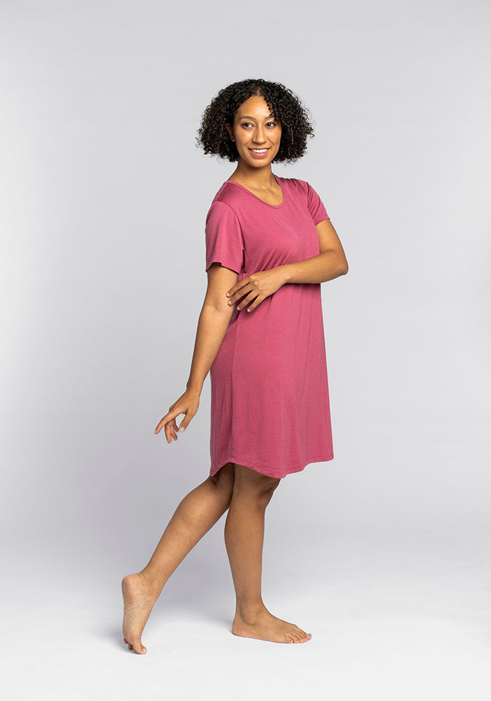 Model wearing Desi nightgown - Red Violet 