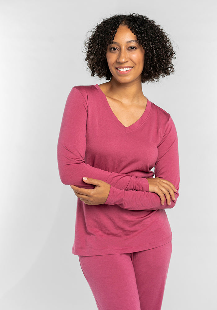 Model wearing Lily long sleeve - Red Violet | Tori is 5'7", wearing a size S