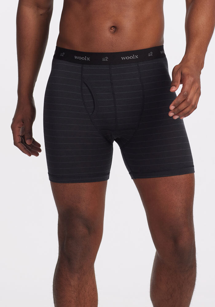 Model wearing Reaction boxers - Carbon Stripe