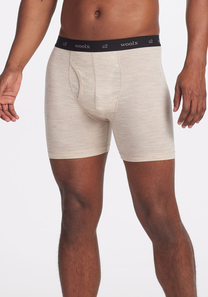 Model wearing Reaction boxers - Cream Heather