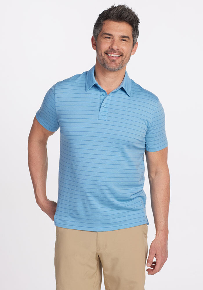 Model wearing Preston polo - Atlantic Blue