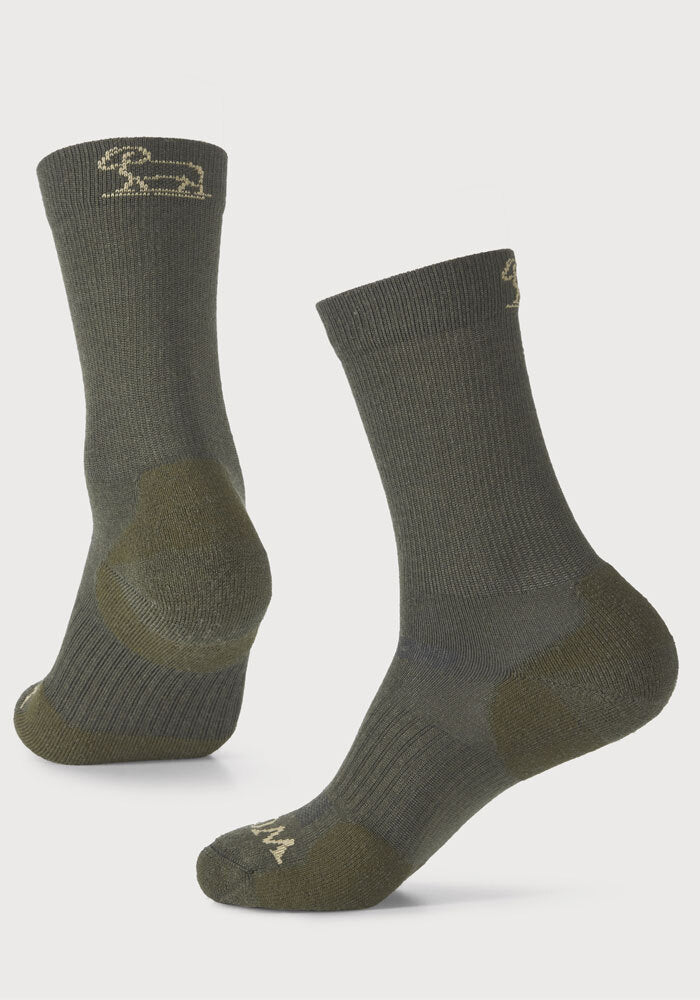 Two pairs of Harbor Crew Socks Light Cushion by Woolx in dark green are set against a light background. These hiking socks showcase a subtle animal logo near the top and feature a ribbed texture around the cuffs and heel, making them ideal for outdoor adventures.