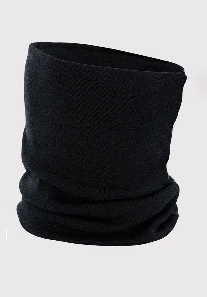 A black neck gaiter from Woolx against a white background. The slightly gathered fabric suggests it is made of soft, stretchy Australian Merino Wool, making it perfect for outdoor activities.