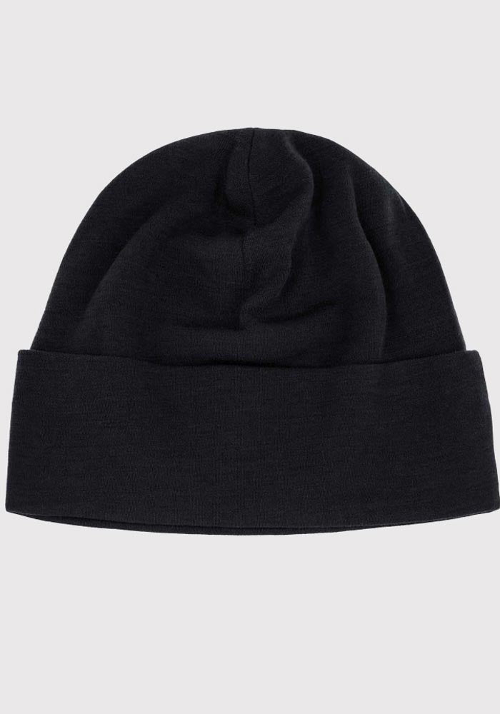 A black Woolx Journey Hat, made from Merino wool, featuring a folded brim, displayed against a light gray background. The fabric appears soft, slightly textured, and promises warmth.