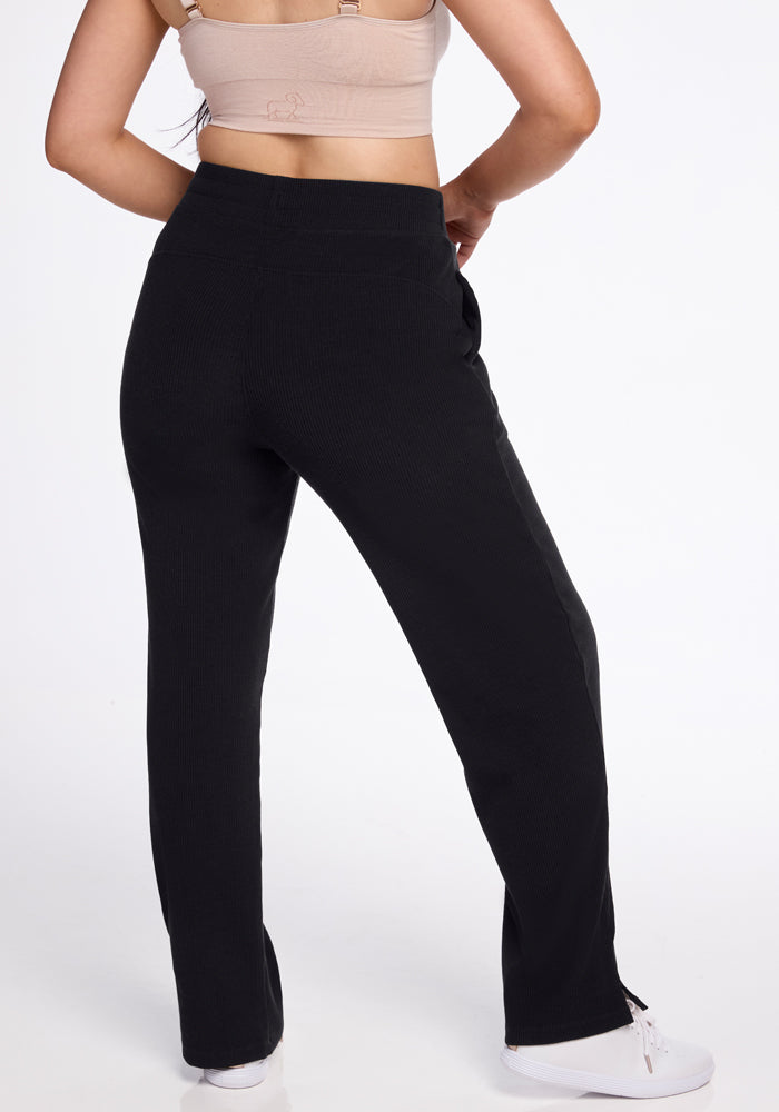 back of womens merino wool ribbed pants - Black