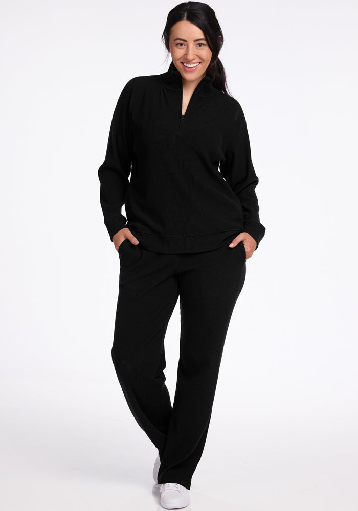 womens ribbed merino wool lounge set - black